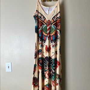 Cream and Blue Sleeveless V-Neck Sundress
